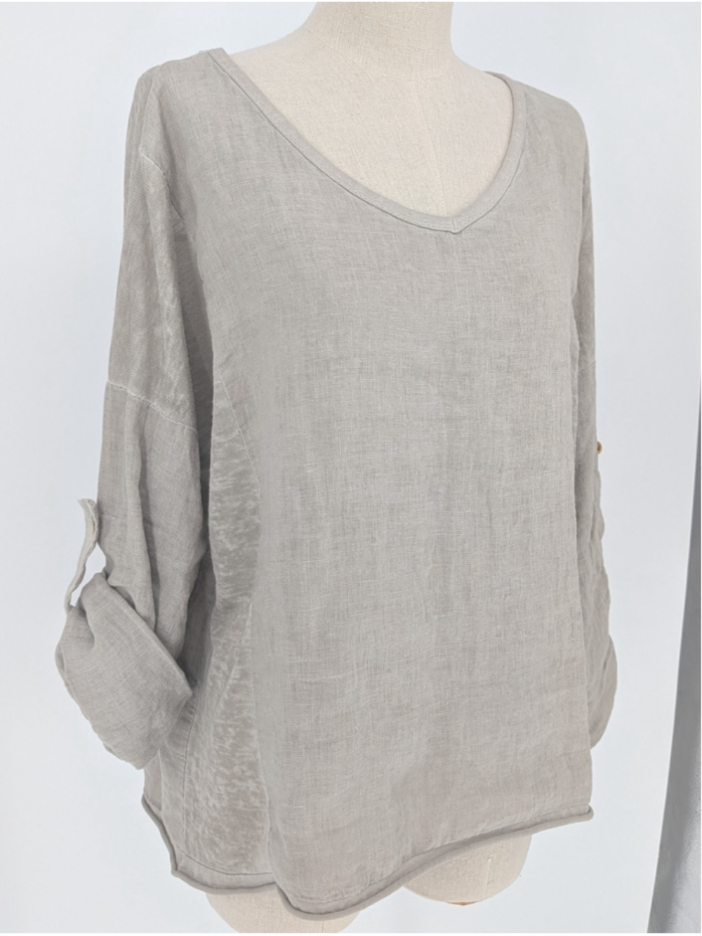 Kaktus 100% Linen Top M Made in Italy Taupe Lagenlook Roll Tab Blouse Coastal